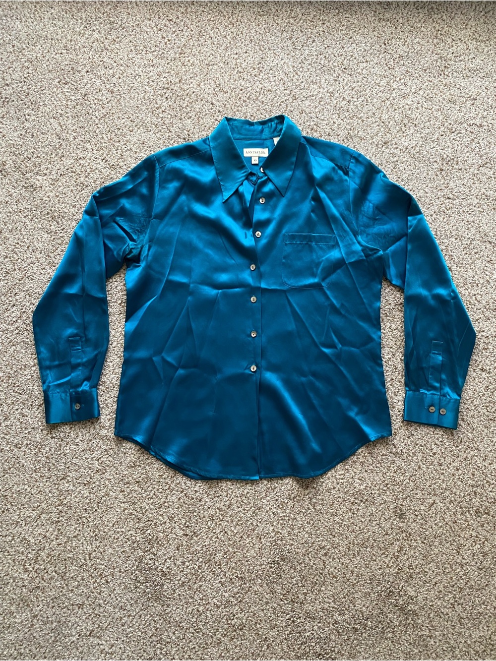 Ann Taylor Teal Silk Long-Sleeve Button-Down Shirt